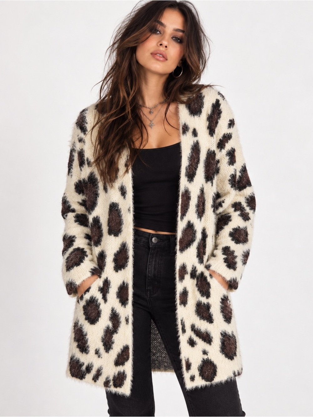 Y2K Leopard Eyelash Knit Duster Cardigan S Fuzzy Indie Sleaze Mobwife 90s Grunge
